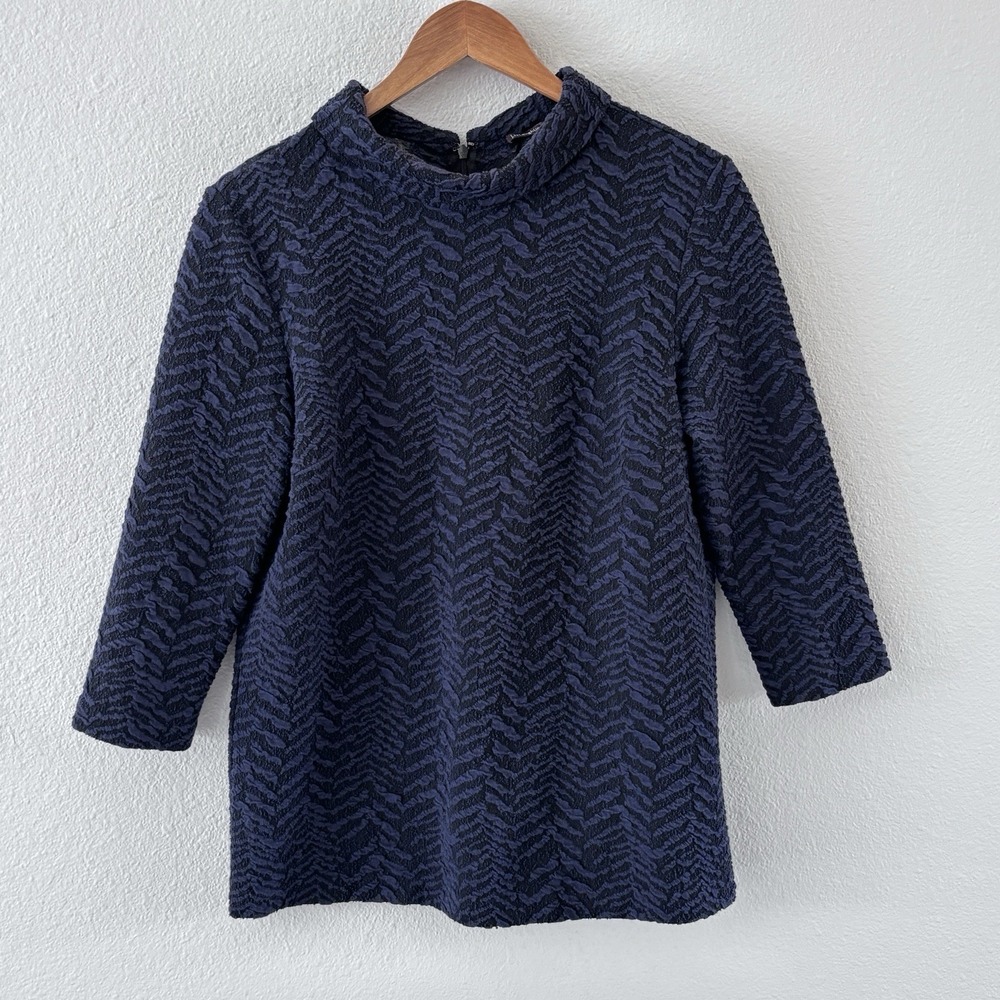 J. McLaughlin Aberdeen Weave Cowl Neck Tunic Top Womens Size M 3/4 Sleeve Navy‎
